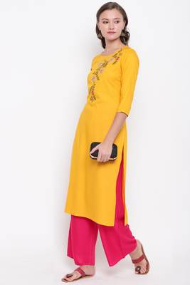 women's embroidered/solid straight rayon yellow kurti 6