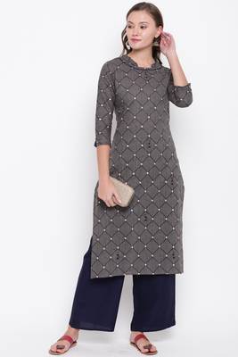 women's embroidered/printed straight cotton grey kurti with palazzo set 6
