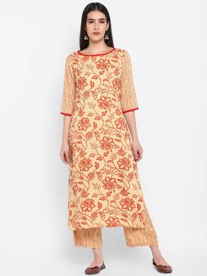 cream floral print round neck knee long Rayon Straight Kurta & Kurti for Women 1