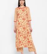 cream floral print round neck knee long Rayon Straight Kurta & Kurti for Women