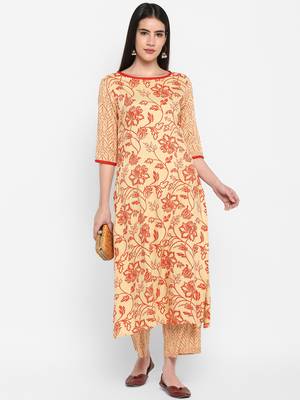 cream floral print round neck knee long Rayon Straight Kurta & Kurti for Women 2