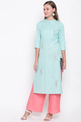 women's embroidered/solid straight cotton sky blue kurti with palazzo set 7