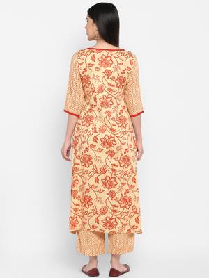 cream floral print round neck knee long Rayon Straight Kurta & Kurti for Women 3