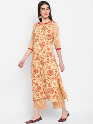 cream floral print round neck knee long Rayon Straight Kurta & Kurti for Women 4