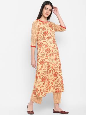 cream floral print round neck knee long Rayon Straight Kurta & Kurti for Women 5