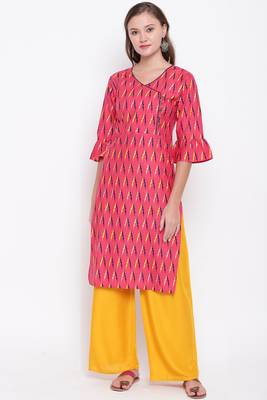 women's Printed straight cotton red kurti with palazzo set 1