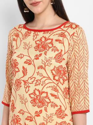 cream floral print round neck knee long Rayon Straight Kurta & Kurti for Women 6