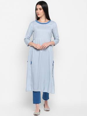 Blue Embroidered Round neck Ankle long Solid Rayon Anarkali Kurta & Kurti for Women 1