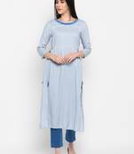 Blue Embroidered Round neck Ankle long Solid Rayon Anarkali Kurta & Kurti for Women