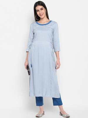 Blue Embroidered Round neck Ankle long Solid Rayon Anarkali Kurta & Kurti for Women 2