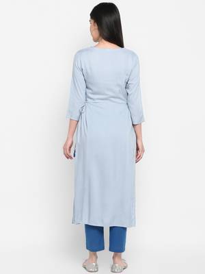 Blue Embroidered Round neck Ankle long Solid Rayon Anarkali Kurta & Kurti for Women 3