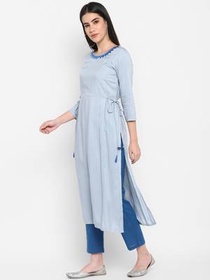 Blue Embroidered Round neck Ankle long Solid Rayon Anarkali Kurta & Kurti for Women 4