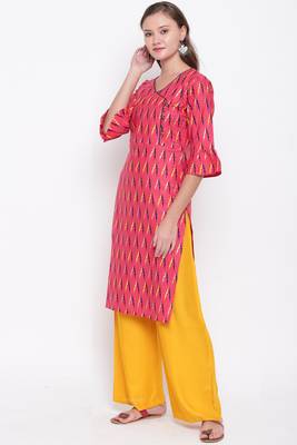 women's Printed straight cotton red kurti with palazzo set 4