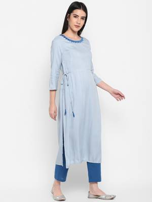 Blue Embroidered Round neck Ankle long Solid Rayon Anarkali Kurta & Kurti for Women 5
