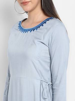 Blue Embroidered Round neck Ankle long Solid Rayon Anarkali Kurta & Kurti for Women 6