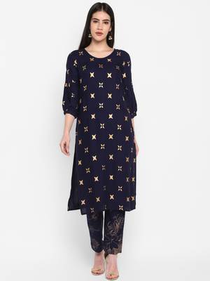 Navy Gold Printed Round neck Bishop Sleeve Knee long Rayon Straight Kurta & Kurti for Women 1