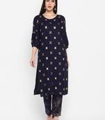 Navy Gold Printed Round neck Bishop Sleeve Knee long Rayon Straight Kurta & Kurti for Women