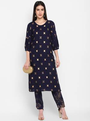 Navy Gold Printed Round neck Bishop Sleeve Knee long Rayon Straight Kurta & Kurti for Women 2