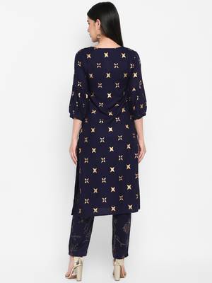 Navy Gold Printed Round neck Bishop Sleeve Knee long Rayon Straight Kurta & Kurti for Women 3