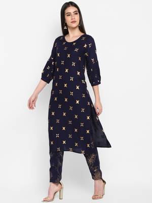 Navy Gold Printed Round neck Bishop Sleeve Knee long Rayon Straight Kurta & Kurti for Women 4
