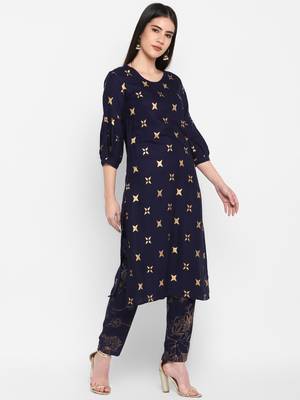 Navy Gold Printed Round neck Bishop Sleeve Knee long Rayon Straight Kurta & Kurti for Women 5