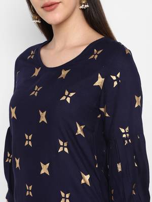 Navy Gold Printed Round neck Bishop Sleeve Knee long Rayon Straight Kurta & Kurti for Women 6