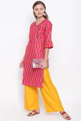women's Printed straight cotton red kurti with palazzo set 7