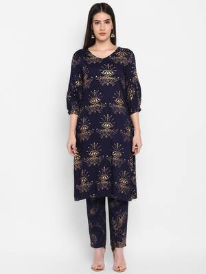 Navy Gold Printed Round neck Bishop Sleeve Knee long Rayon Straight Kurta & Kurti for Women 1