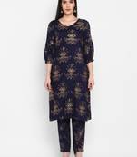 Navy Gold Printed Round neck Bishop Sleeve Knee long Rayon Straight Kurta & Kurti for Women