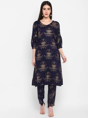Navy Gold Printed Round neck Bishop Sleeve Knee long Rayon Straight Kurta & Kurti for Women 2
