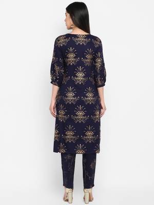 Navy Gold Printed Round neck Bishop Sleeve Knee long Rayon Straight Kurta & Kurti for Women 3