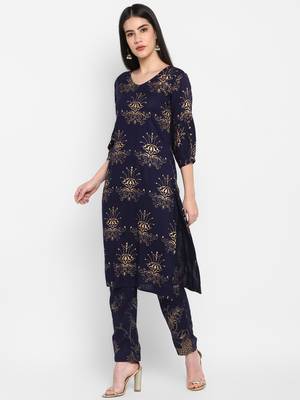 Navy Gold Printed Round neck Bishop Sleeve Knee long Rayon Straight Kurta & Kurti for Women 4