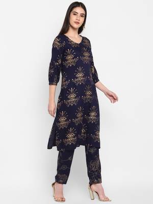 Navy Gold Printed Round neck Bishop Sleeve Knee long Rayon Straight Kurta & Kurti for Women 5