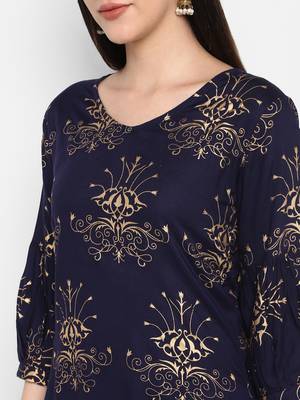 Navy Gold Printed Round neck Bishop Sleeve Knee long Rayon Straight Kurta & Kurti for Women 6