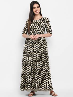 Black Printed Round neck Ankle long Cotton Anarkali Kurta & Kurti for Women 1
