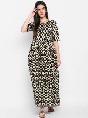 Black Printed Round neck Ankle long Cotton Anarkali Kurta & Kurti for Women 2
