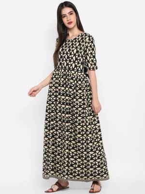 Black Printed Round neck Ankle long Cotton Anarkali Kurta & Kurti for Women 4