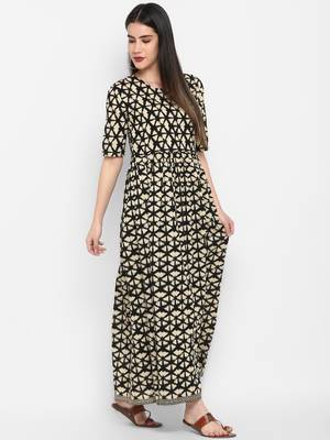 Black Printed Round neck Ankle long Cotton Anarkali Kurta & Kurti for Women 5
