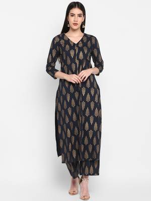 Black Gold printed V-neck Knee long Cotton Straight Kurta & Kurti for Women 1