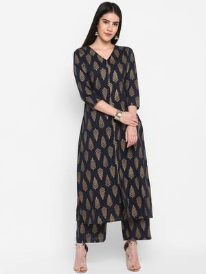 Black Gold printed V-neck Knee long Cotton Straight Kurta & Kurti for Women 2