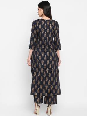 Black Gold printed V-neck Knee long Cotton Straight Kurta & Kurti for Women 3