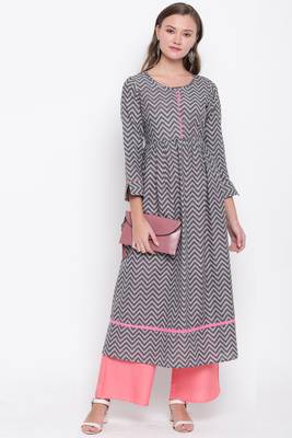 women's printed anarkali cotton grey kurti with palazzo set 7