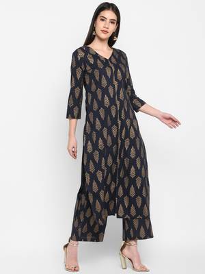 Black Gold printed V-neck Knee long Cotton Straight Kurta & Kurti for Women 5