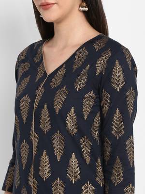 Black Gold printed V-neck Knee long Cotton Straight Kurta & Kurti for Women 6