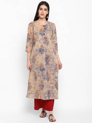Beige Printed Round neck Knee long Cotton Straight Kurta & Kurti for Women 1
