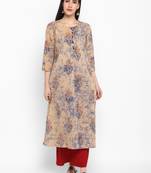 Beige Printed Round neck Knee long Cotton Straight Kurta & Kurti for Women