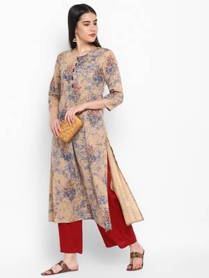 Beige Printed Round neck Knee long Cotton Straight Kurta & Kurti for Women 2