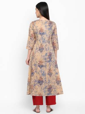 Beige Printed Round neck Knee long Cotton Straight Kurta & Kurti for Women 3