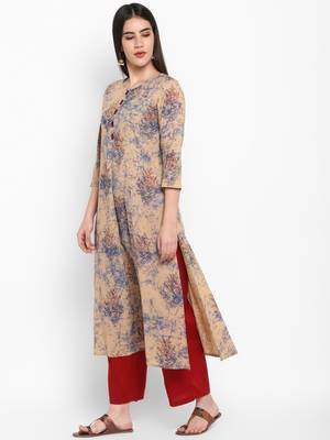 Beige Printed Round neck Knee long Cotton Straight Kurta & Kurti for Women 4