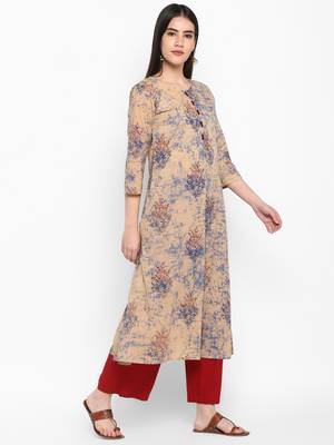 Beige Printed Round neck Knee long Cotton Straight Kurta & Kurti for Women 5